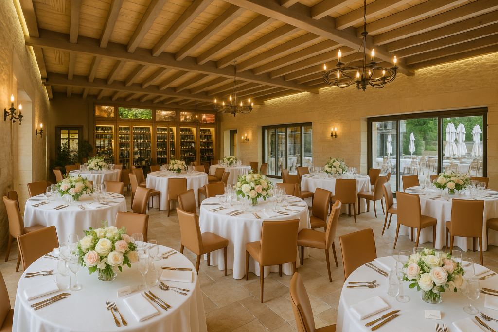 Espace restauration du Domaine de Monrecour. Les tables rondes sont décorées pour accueillir un mariage : nappes blanches, couverts soigneusement positionnés et bouquets de fleurs au centre.